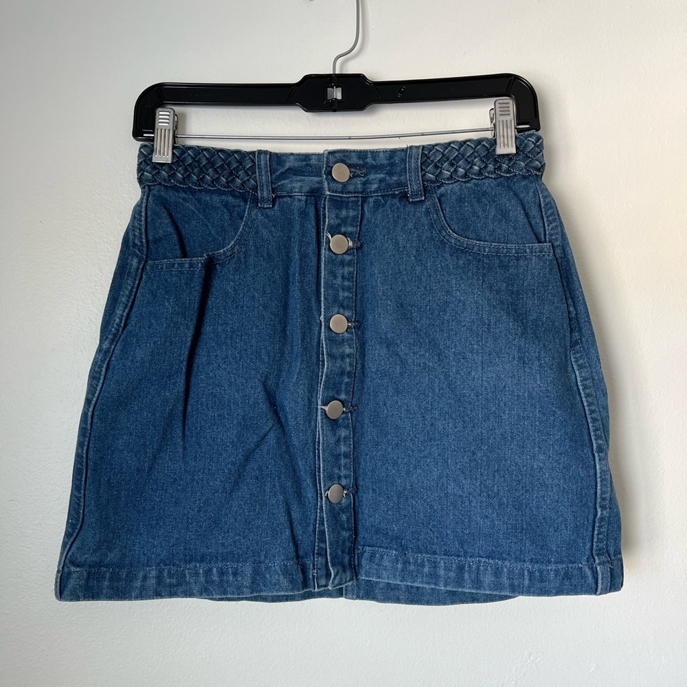 Honey Punch button up denim mini skirt with braided belt detail | size M